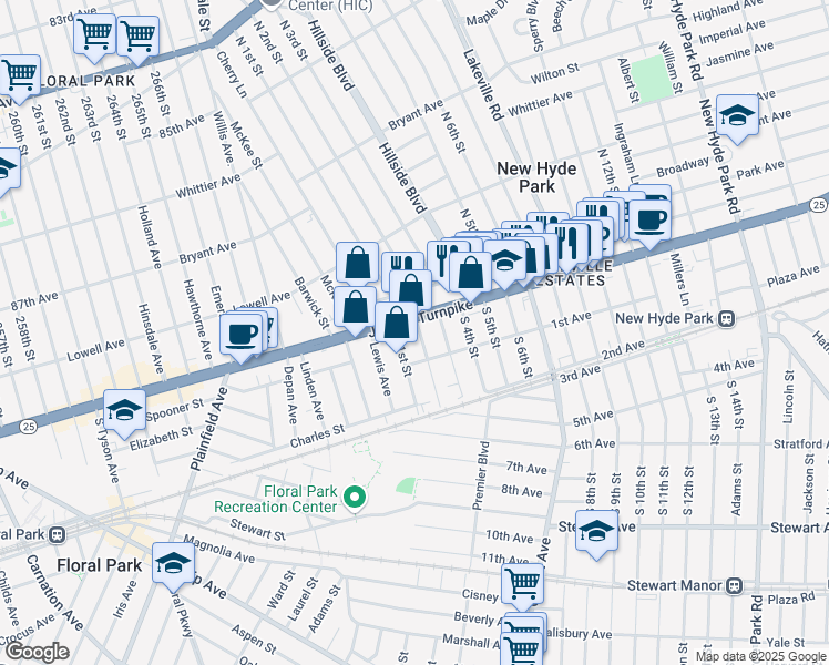 map of restaurants, bars, coffee shops, grocery stores, and more near 214 Jericho Turnpike in New Hyde Park