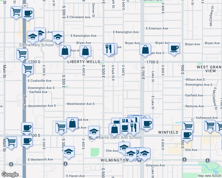 map of restaurants, bars, coffee shops, grocery stores, and more near 1804 Park Street East in Salt Lake City