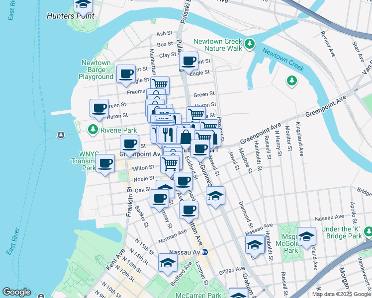 map of restaurants, bars, coffee shops, grocery stores, and more near 181 Greenpoint Avenue in Brooklyn