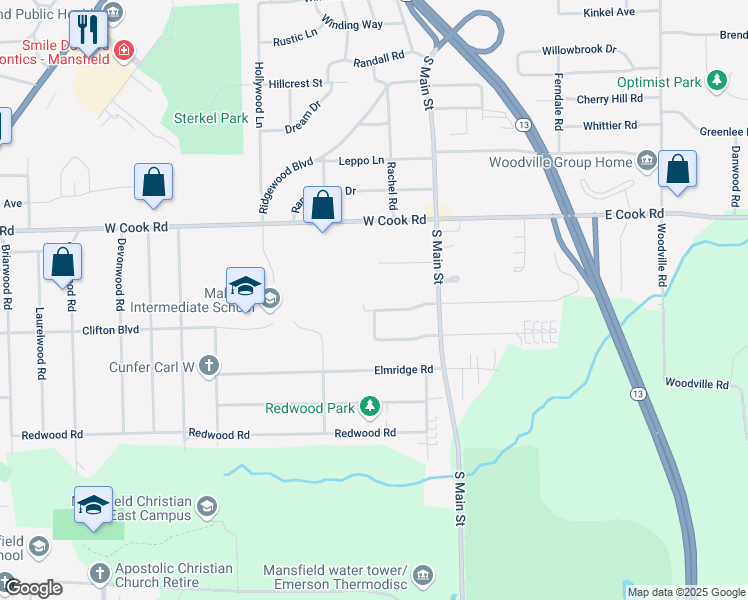 map of restaurants, bars, coffee shops, grocery stores, and more near 86 Shaffner Boulevard in Mansfield