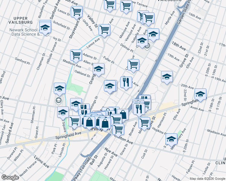 map of restaurants, bars, coffee shops, grocery stores, and more near 16 Ruth Street in Irvington