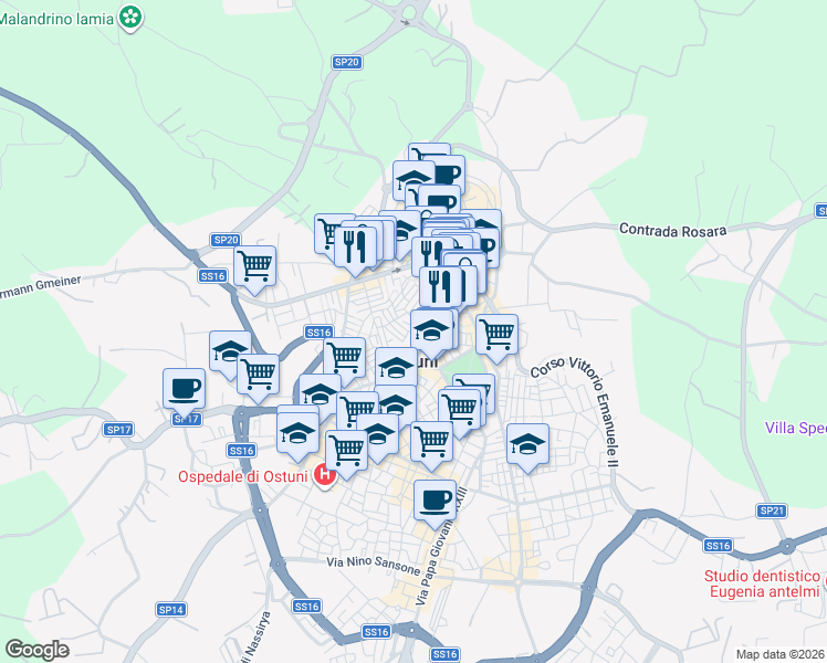 map of restaurants, bars, coffee shops, grocery stores, and more near 13 Via A. Tamborrino in Ostuni