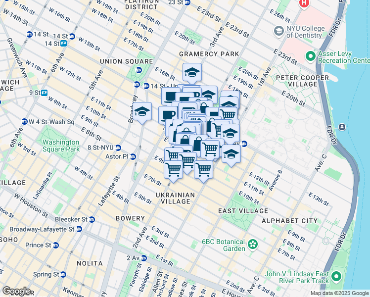 map of restaurants, bars, coffee shops, grocery stores, and more near 189 2nd Avenue in New York