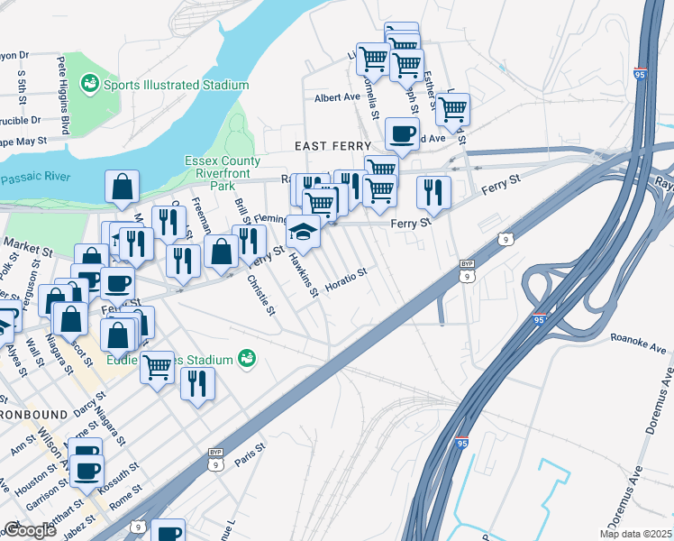 map of restaurants, bars, coffee shops, grocery stores, and more near 30 Cortland Street in Newark