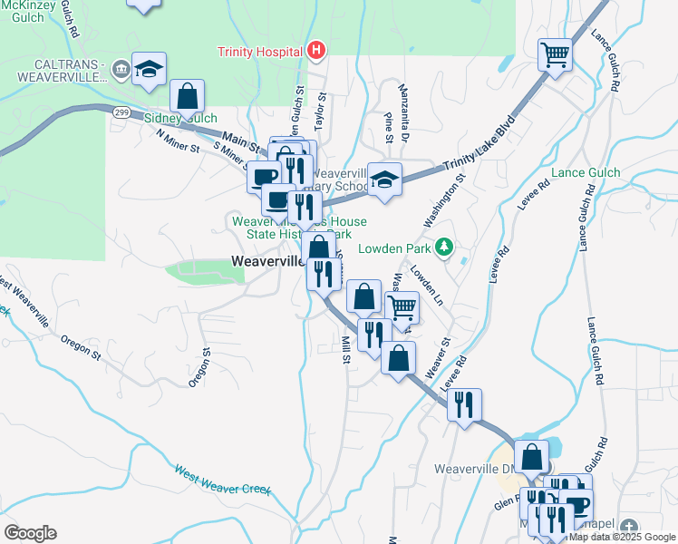 map of restaurants, bars, coffee shops, grocery stores, and more near Center St in Weaverville