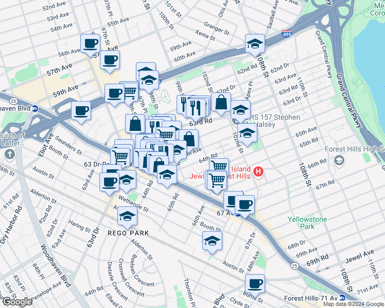 map of restaurants, bars, coffee shops, grocery stores, and more near 9851 64th Avenue in Queens