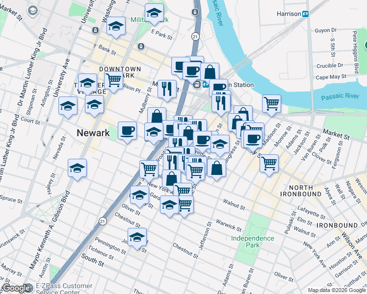 map of restaurants, bars, coffee shops, grocery stores, and more near in Newark