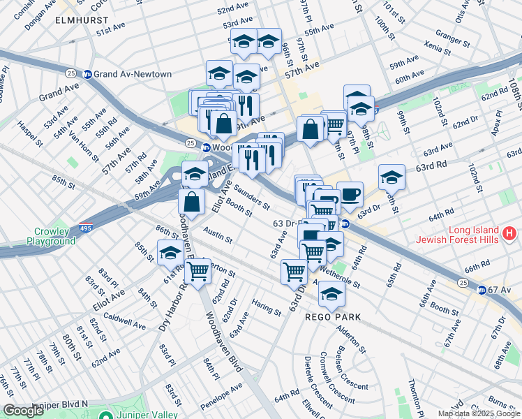 map of restaurants, bars, coffee shops, grocery stores, and more near 62-64 Saunders Street in Queens