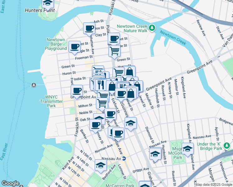 map of restaurants, bars, coffee shops, grocery stores, and more near 189 Greenpoint Avenue in Brooklyn