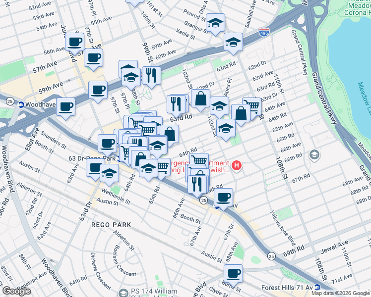 map of restaurants, bars, coffee shops, grocery stores, and more near in Queens