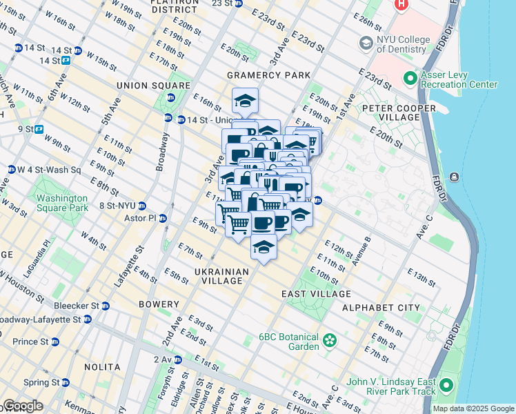 map of restaurants, bars, coffee shops, grocery stores, and more near 324 East 13th Street in New York