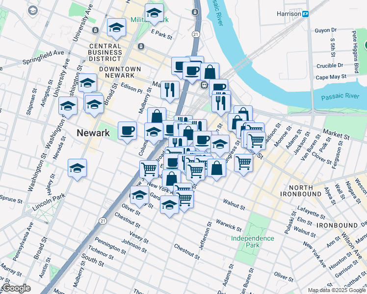 map of restaurants, bars, coffee shops, grocery stores, and more near 150 Lafayette Street in Newark