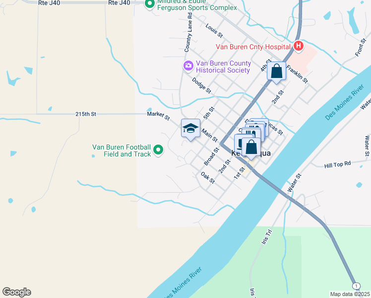 map of restaurants, bars, coffee shops, grocery stores, and more near 405 4th Street in Keosauqua