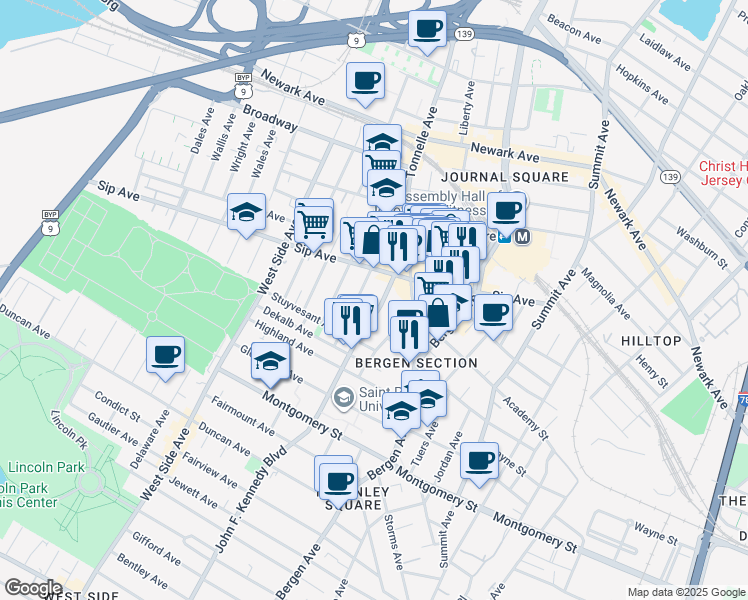 map of restaurants, bars, coffee shops, grocery stores, and more near 2779 John F. Kennedy Boulevard in North Bergen