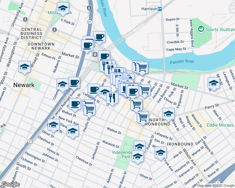 map of restaurants, bars, coffee shops, grocery stores, and more near 89 Ferry Street in Newark