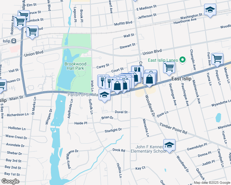 map of restaurants, bars, coffee shops, grocery stores, and more near 5 Somerset Avenue in East Islip