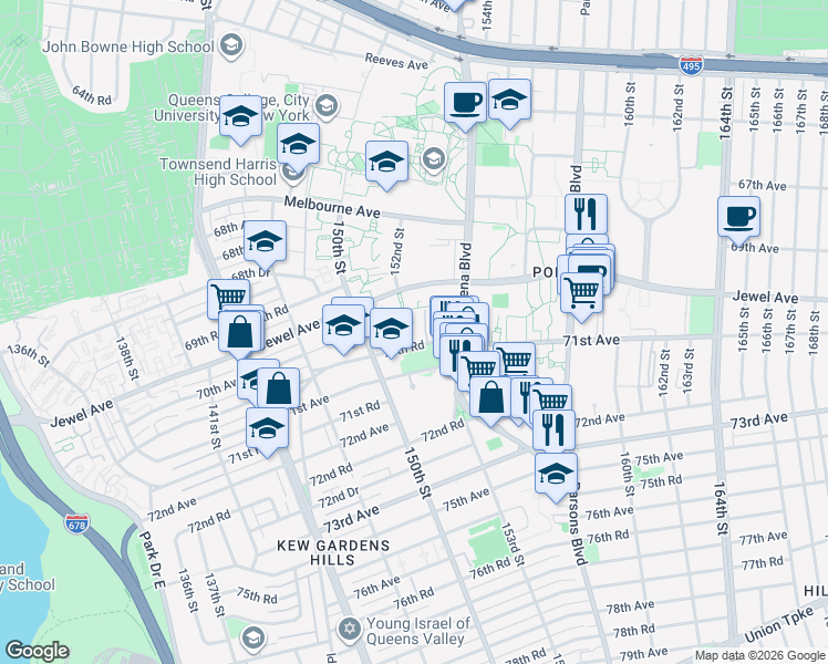map of restaurants, bars, coffee shops, grocery stores, and more near 70-34 153rd Street in Queens