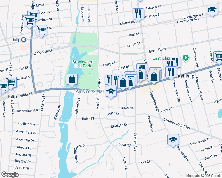 map of restaurants, bars, coffee shops, grocery stores, and more near 117 West Main Street in East Islip