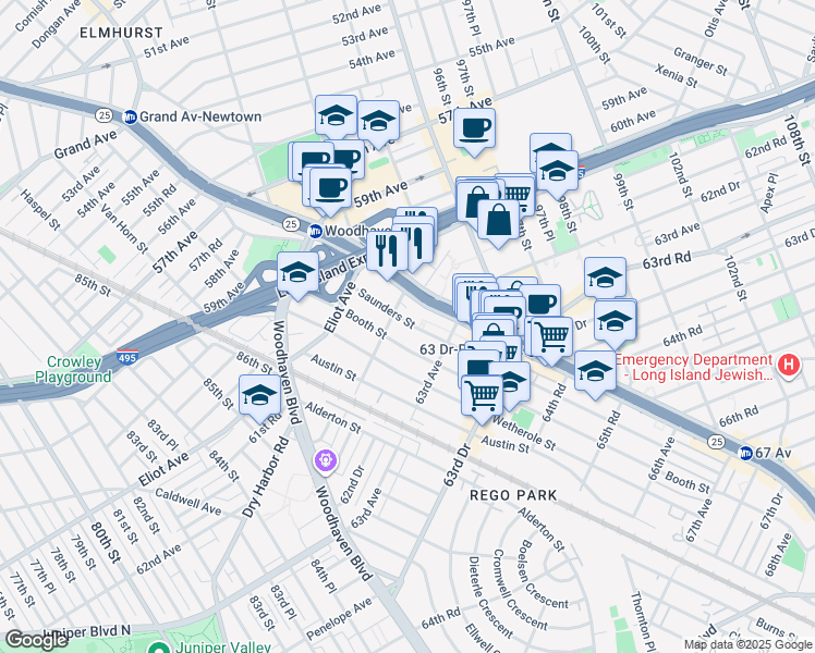 map of restaurants, bars, coffee shops, grocery stores, and more near 93-30 Queens Boulevard in Queens
