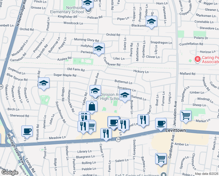 map of restaurants, bars, coffee shops, grocery stores, and more near 16 Sycamore Lane in Levittown