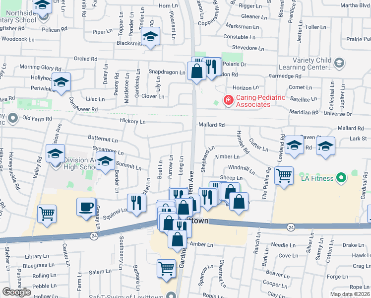 map of restaurants, bars, coffee shops, grocery stores, and more near 42 Eagle Lane in Levittown