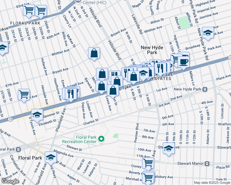 map of restaurants, bars, coffee shops, grocery stores, and more near 1 Jericho Turnpike in New Hyde Park