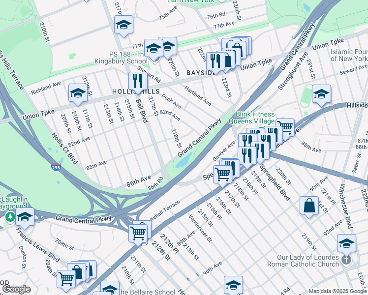 map of restaurants, bars, coffee shops, grocery stores, and more near 218-21 Grand Central Parkway in Queens