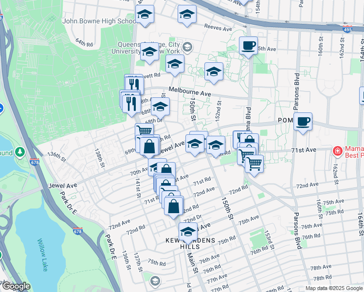 map of restaurants, bars, coffee shops, grocery stores, and more near 147-15 Jewel Avenue in Queens