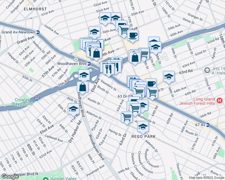 map of restaurants, bars, coffee shops, grocery stores, and more near 98-20 62nd Drive in Queens