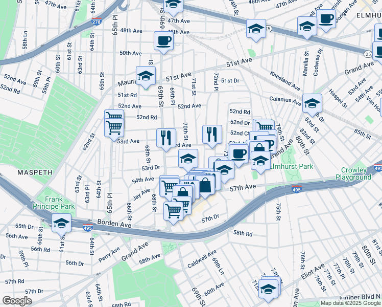 map of restaurants, bars, coffee shops, grocery stores, and more near 70-20 53rd Avenue in Queens