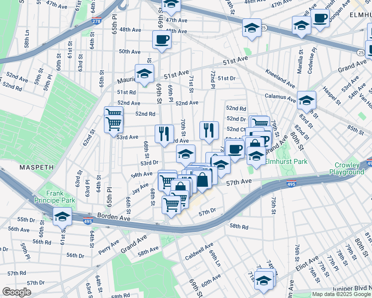 map of restaurants, bars, coffee shops, grocery stores, and more near 70-20 53rd Avenue in Queens