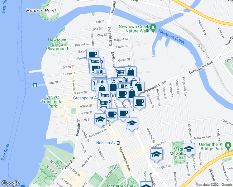 map of restaurants, bars, coffee shops, grocery stores, and more near 189 Greenpoint Avenue in Brooklyn