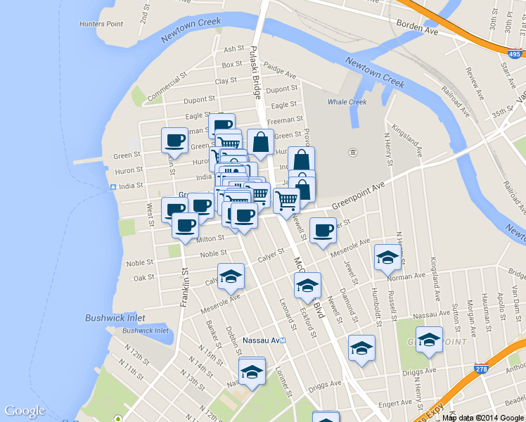 map of restaurants, bars, coffee shops, grocery stores, and more near 178 Greenpoint Avenue in Brooklyn