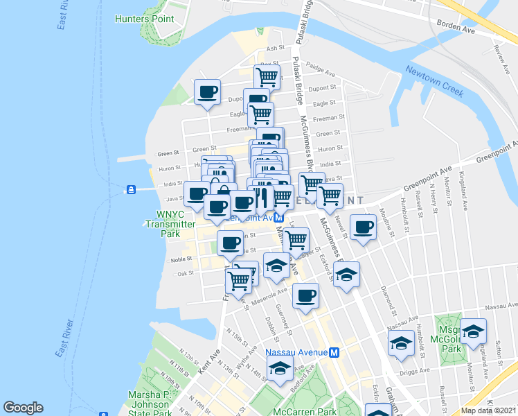 map of restaurants, bars, coffee shops, grocery stores, and more near 127 Kent Street in Brooklyn