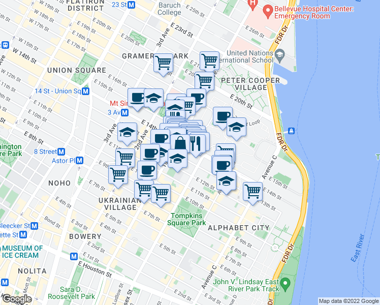 map of restaurants, bars, coffee shops, grocery stores, and more near 419 East 14th Street in New York