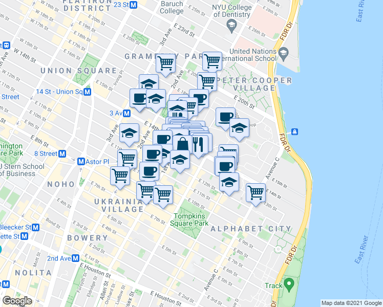 map of restaurants, bars, coffee shops, grocery stores, and more near 419 East 14th Street in New York