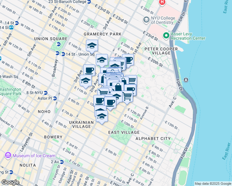 map of restaurants, bars, coffee shops, grocery stores, and more near 347 East 14th Street in New York