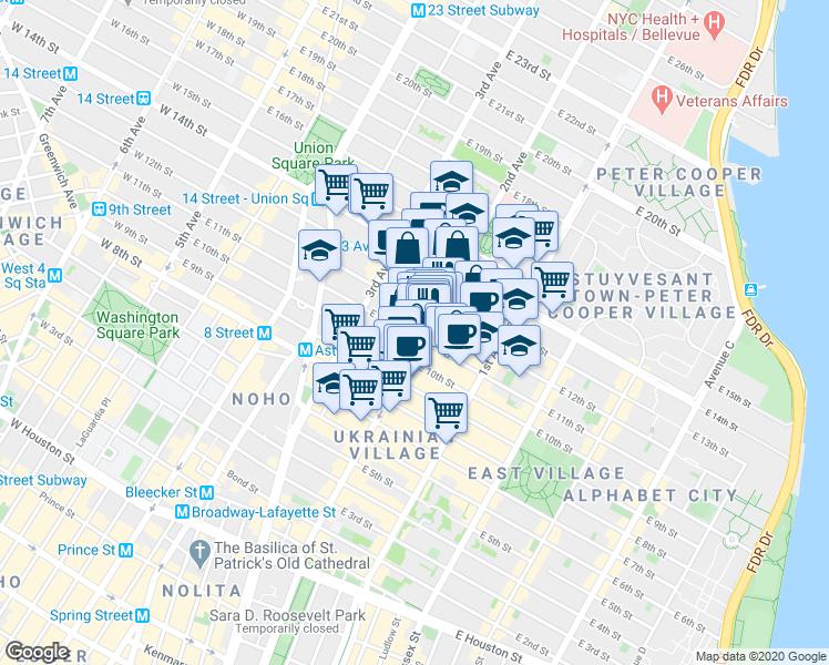 map of restaurants, bars, coffee shops, grocery stores, and more near in New York
