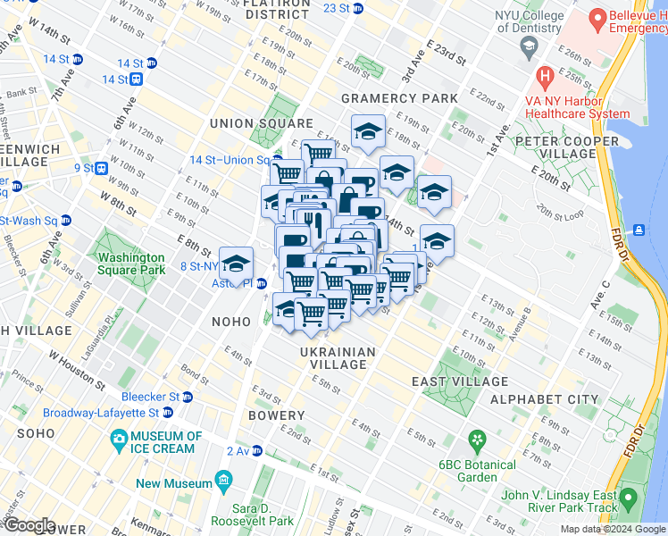 map of restaurants, bars, coffee shops, grocery stores, and more near 225 East 11th Street in New York