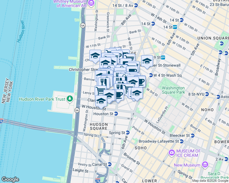 map of restaurants, bars, coffee shops, grocery stores, and more near 51 Morton Street in New York