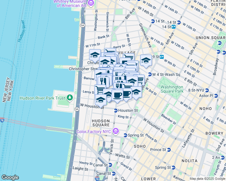 map of restaurants, bars, coffee shops, grocery stores, and more near 51 Morton Street in New York