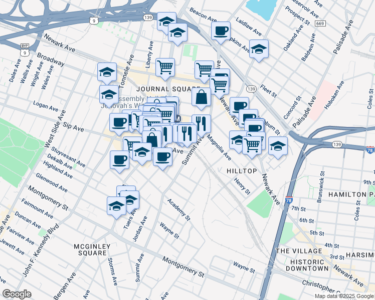 map of restaurants, bars, coffee shops, grocery stores, and more near in Jersey City