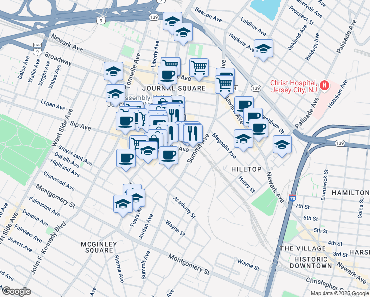 map of restaurants, bars, coffee shops, grocery stores, and more near 72 Sip Avenue in Jersey City