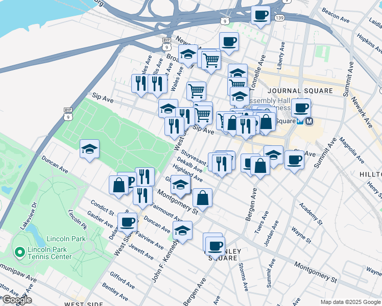 map of restaurants, bars, coffee shops, grocery stores, and more near 916 West Side Avenue in Jersey City