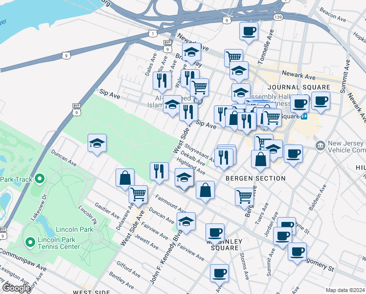 map of restaurants, bars, coffee shops, grocery stores, and more near 916 West Side Avenue in Jersey City