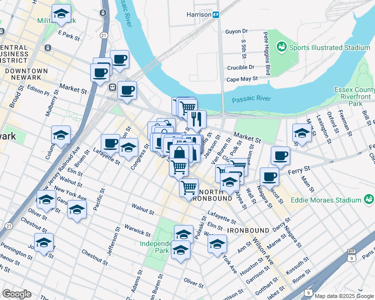 map of restaurants, bars, coffee shops, grocery stores, and more near 44 Monroe Street in Newark
