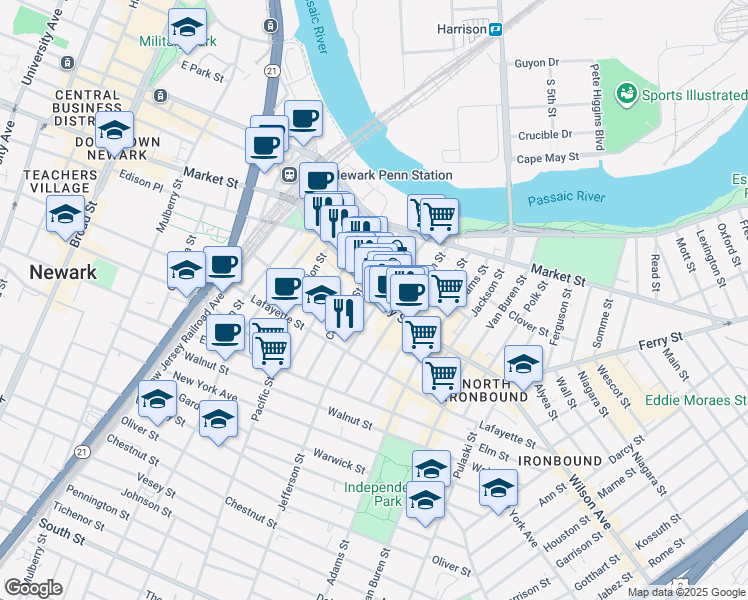 map of restaurants, bars, coffee shops, grocery stores, and more near 89 Ferry Street in Newark