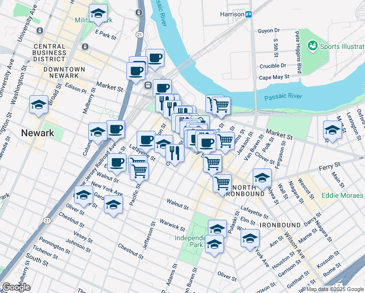 map of restaurants, bars, coffee shops, grocery stores, and more near 89 Ferry Street in Newark