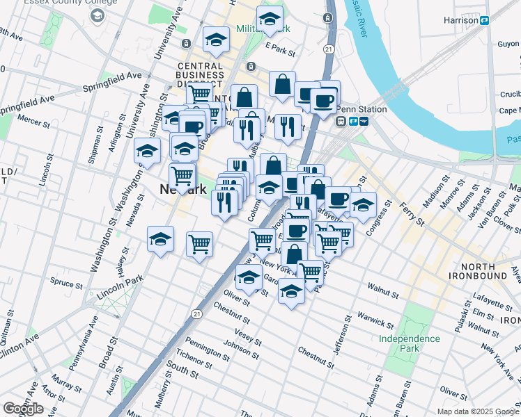 map of restaurants, bars, coffee shops, grocery stores, and more near 102 Green Street in Newark