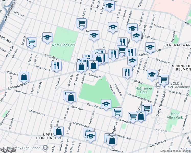 map of restaurants, bars, coffee shops, grocery stores, and more near 10 Kent Street in Newark